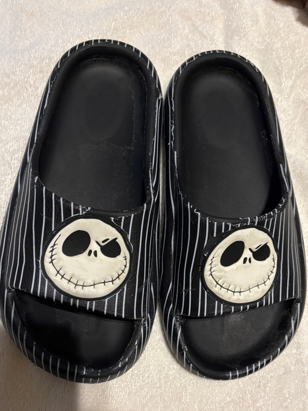 Disney Black Pinstripe Kids Slide Sandals with White Skull Face